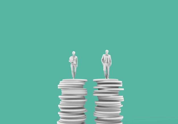 Photo gender pay equality concept man and woman on a stack of coins 3d rendering