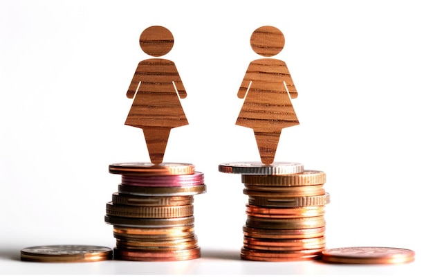 Photo gender pay gap concept two wooden figures representing women standing on unequal stacks of coins