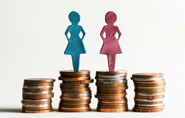 Photo gender pay gap concept with wooden figures and coins