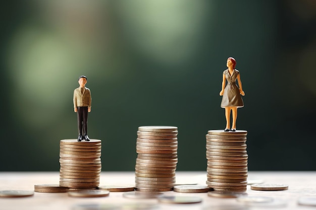 Gender pay gap inequality business man and woman on a stack of coins generative ai