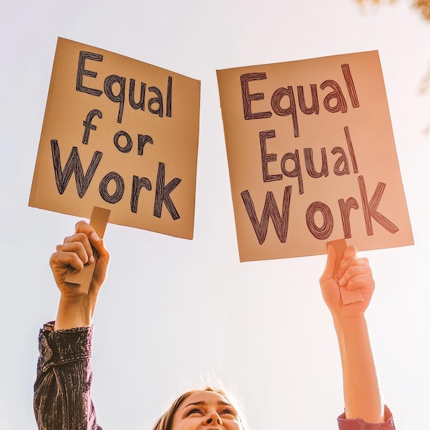 Photo genderneutral hands holding signs for equal pay