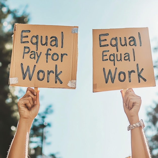 Photo genderneutral hands holding signs for equal pay