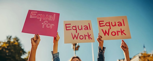 Photo genderneutral hands holding signs for equal pay