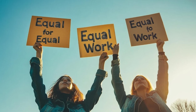 Photo genderneutral hands holding signs for equal pay