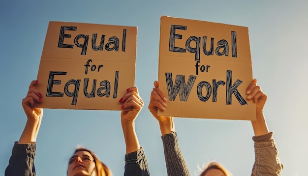 Photo genderneutral hands holding signs for equal pay