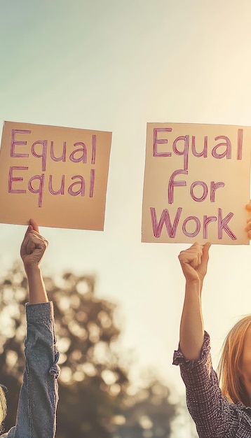 Photo genderneutral hands holding signs for equal pay