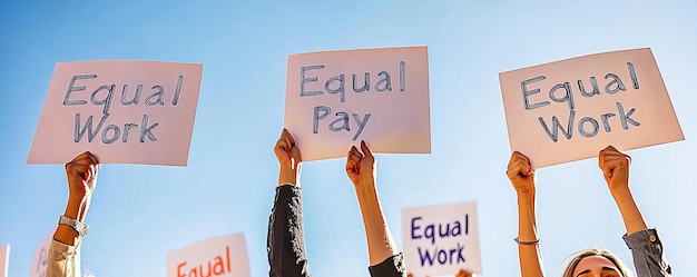 Photo genderneutral hands holding signs for equal pay