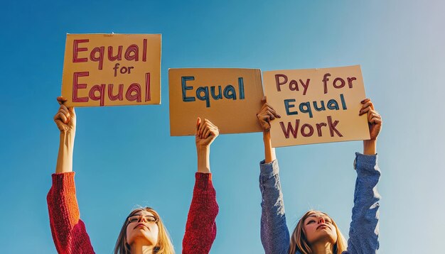 Photo genderneutral hands holding signs for equal pay