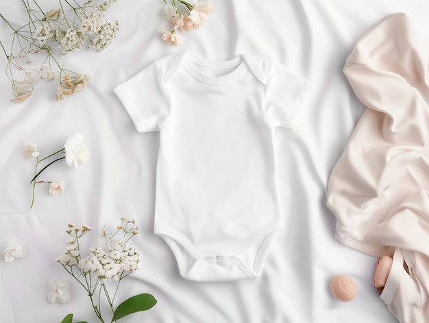 Genderneutral newborn bodysuit in white with toy on a white blanket Infant onesie mockup template