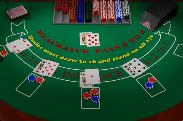 General view of a blackjack table with cards and chips. 3d illustration.