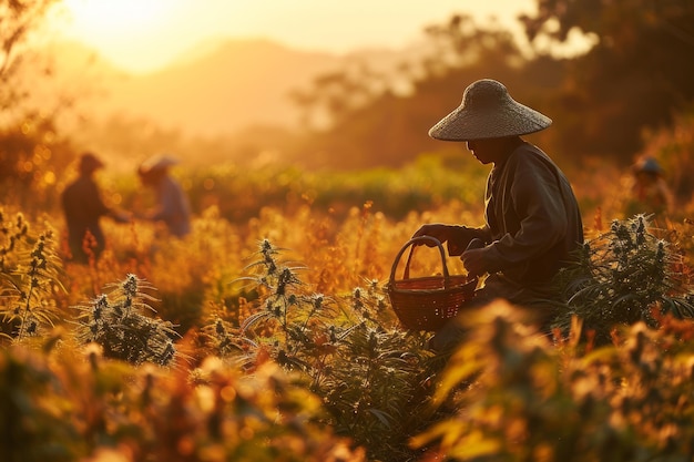 A general view of a field with mature cannabis plants and silhouettes of farmers inspecting crops in