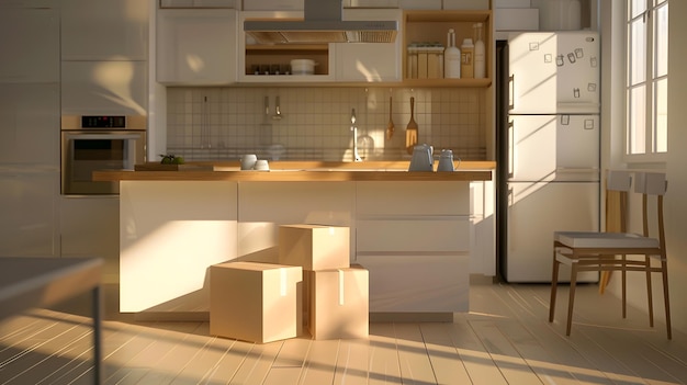 General view of kitchen with moving boxes on countertop and floor in kitchen Generative AI