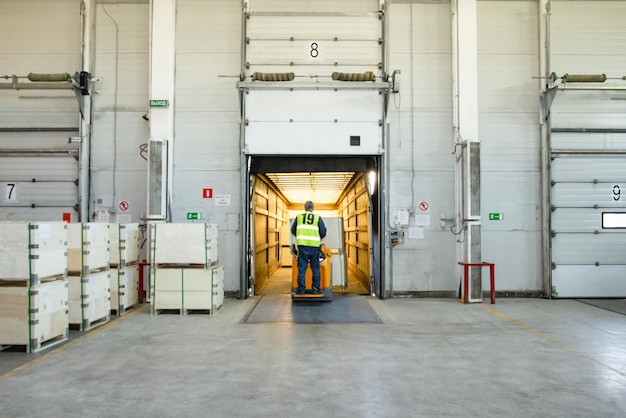 General view to the loading gates inside the warehouseInterior of a modern warehouse storage Truck loading process