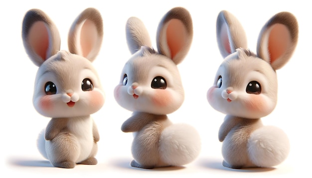 Generate a 3D rendered illustration of cute bunny in 4 different angles and expression isolated in