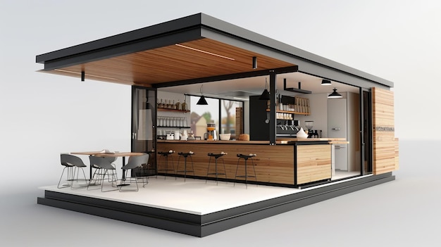 Generate a 3D visualization of a mobile cafe that showcases a modern design using stateoftheart mate