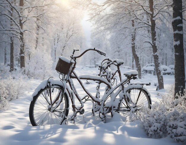 Generate AI The broken bicycle covered with snow Winter season