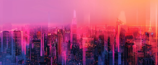 Generate an AIgenerated composition showcasing a city skyline against a vibrant sunset gradient back