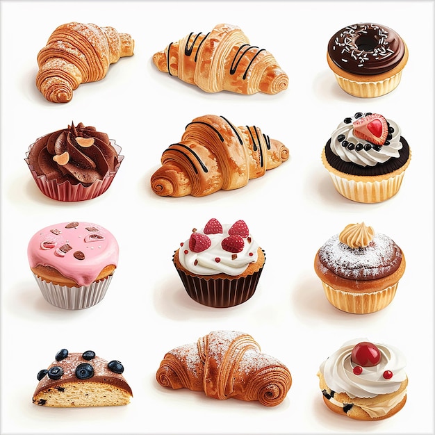 Photo generate an array of realistic images featuring various pastries such as cookies croissants cupcak