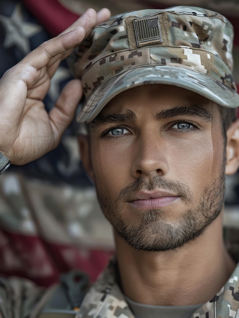 Photo generate a closeup image of a soldier saluting celebrating veterans day with a patriotic background and ample copy space