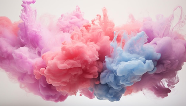 Generate fluffy cloud like formations of colorful powder in the frame giving the appearance of soft and billowy clouds against a pristine white background