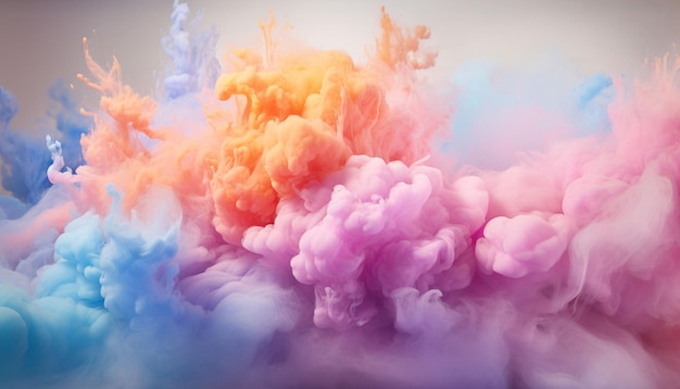 Generate fluffy cloud like formations of colorful powder in the frame giving the appearance of soft and billowy clouds against a pristine white background