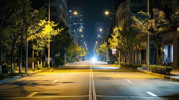 Generate a high quality image of an empty urban street at night