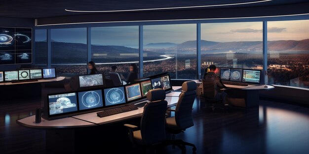 Generate a hightech control room with panoramic views of a digital landscape and advanced monitorin