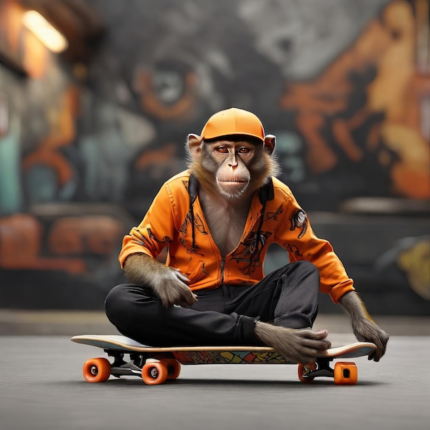 Generate an image featuring a skateboarding monkey wit