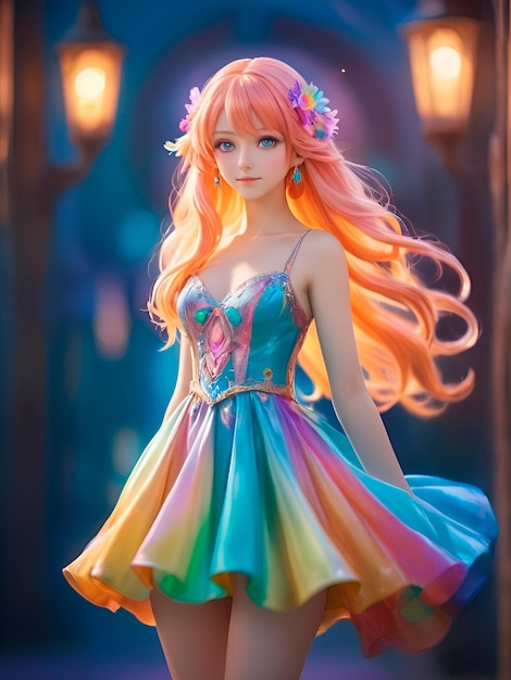 Generate an image masterpiece of Anime super hero colorful hair playful body and attractive dress