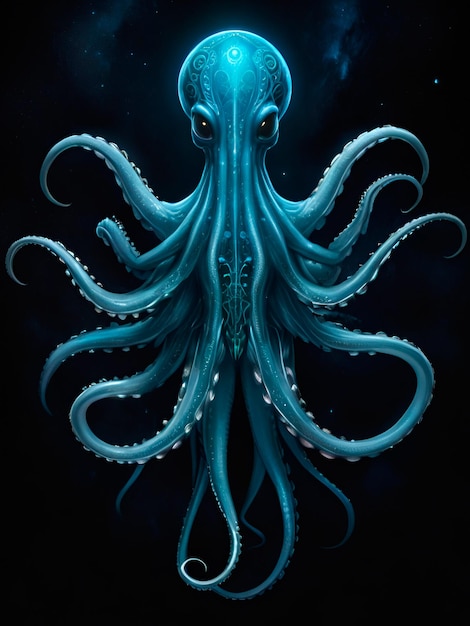 Generate an image of a tentacled alien with bioluminescent appendages each limb adorned with