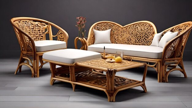 Generate an image of a very beautiful cane furniture set which is unique modern with 3d back