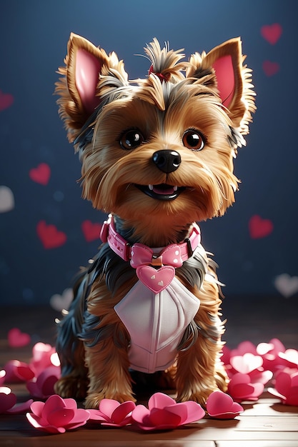 generate me a 3D cartoon of a yorkie terrier with white where for Valentine's Day