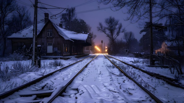 Generate snowy train station scenes with dark skies using AI