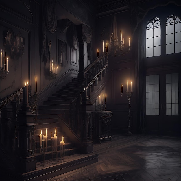 Generate a spooky interior of a haunted mansion with flickering candles