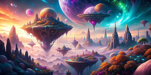 Generate a surreal fantasy scene with floating islands cosmic skies and abstract creatures