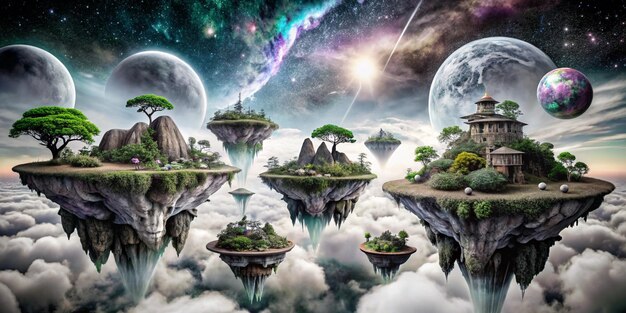 Photo generate a surreal fantasy scene with floating islands cosmic skies and abstract creatures