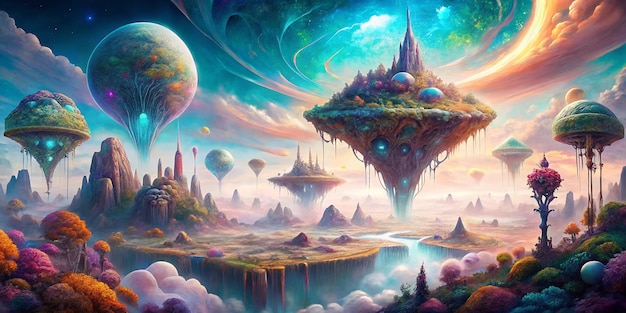 Generate a surreal fantasy scene with floating islands cosmic skies and abstract creatures