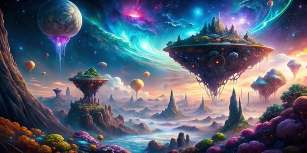 Photo generate a surreal fantasy scene with floating islands cosmic skies and abstract creatures