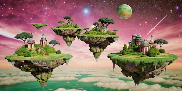 Generate a surreal fantasy scene with floating islands cosmic skies and abstract creatures