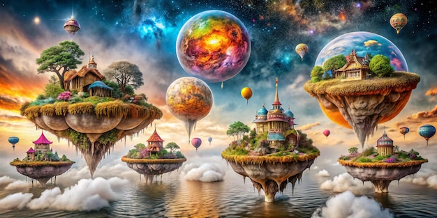 Photo generate a surreal fantasy scene with floating islands cosmic skies and abstract creatures