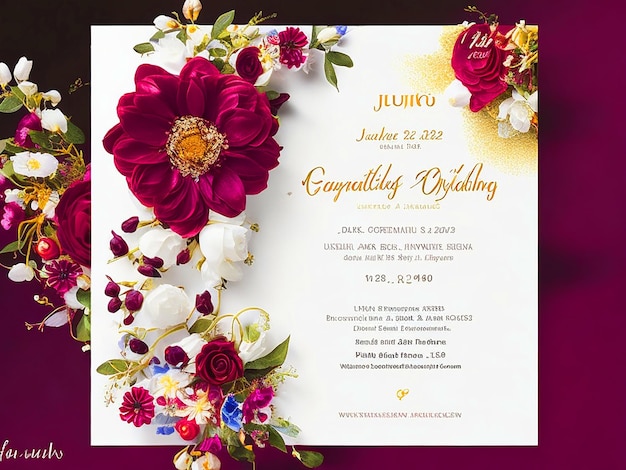 Generate a Ultrarealistic White and background for a Wedding Invitation with a New style Dark red D