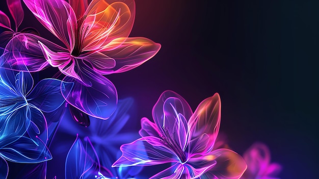 Generate a vibrant abstract floral design featuring glowing neon outlines and a dark background