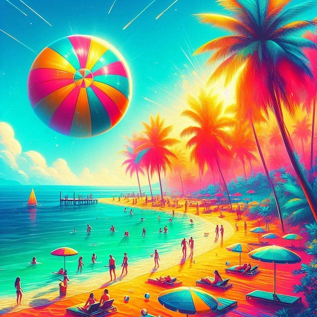 Generate a vibrant and colorful image of a tropical beach scene during summer Capture