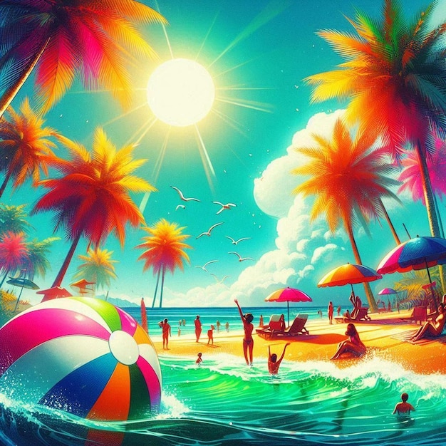 Generate a vibrant and colorful image of a tropical beach scene during summer Capture