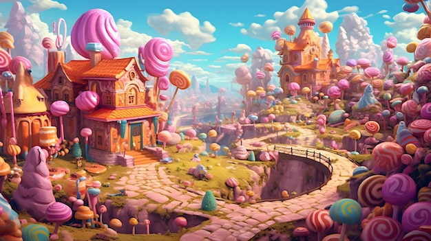 Photo generated fantasy illustration of a small cute candy land with gingerbread housesgenerative ai