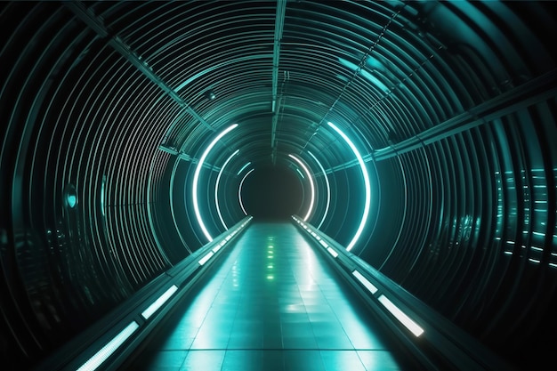 Photo generated of futuristic tunnel illuminated by vibrant purple and blue neon lights with perspective