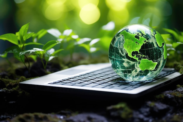 generated a glowing digital globe resting on a computer keyboard surrounded by fresh green leaves