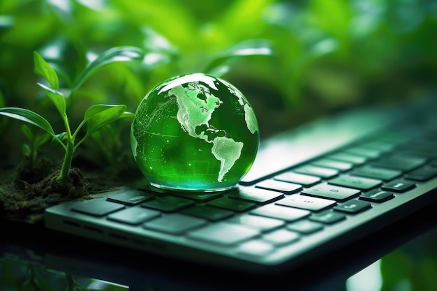 generated a glowing digital globe resting on a computer keyboard surrounded by fresh green leaves