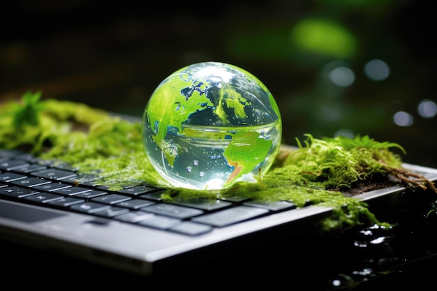 Photo generated a glowing digital globe rests on a computer keyboard surrounded by fresh green leaves