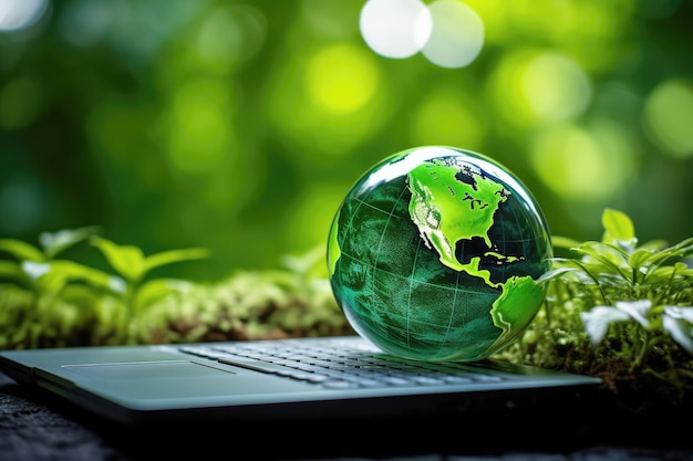 Photo generated a glowing digital globe rests on a computer keyboard surrounded by fresh green leaves